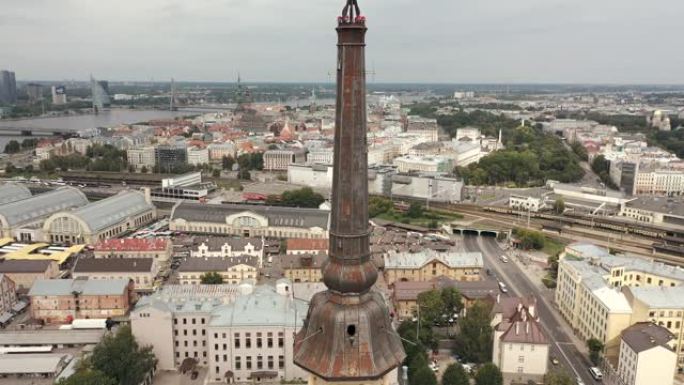 拉脱维亚里加-2019年5月: 拉脱维亚科学院大楼塔楼的空中无人机视图。