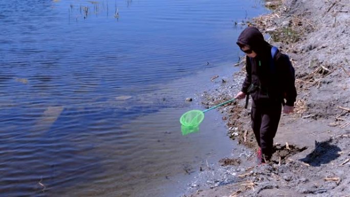 男孩正在用蝴蝶网在河上撒播青蛙和鱼。