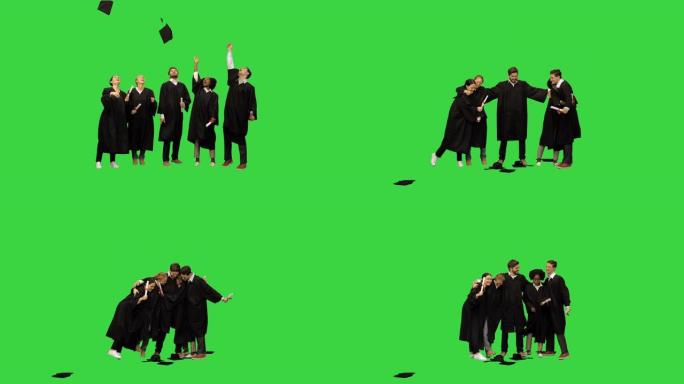 一群快乐的学生朋友在绿色屏幕上将毕业帽扔到空中，色度键