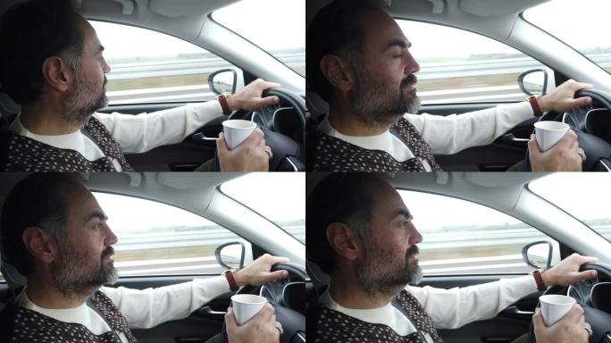 司机在高速公路上喝咖啡的肖像