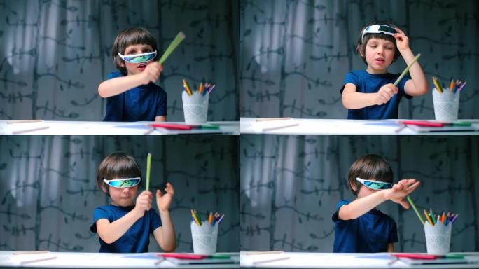 戴眼镜的男孩坐在桌子旁，用铅笔刘海。