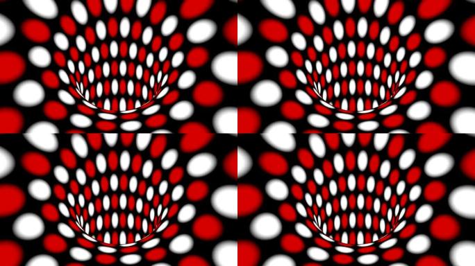 黑色、红色和白色迷幻的视错觉。抽象催眠动画背景。圆点几何循环壁纸