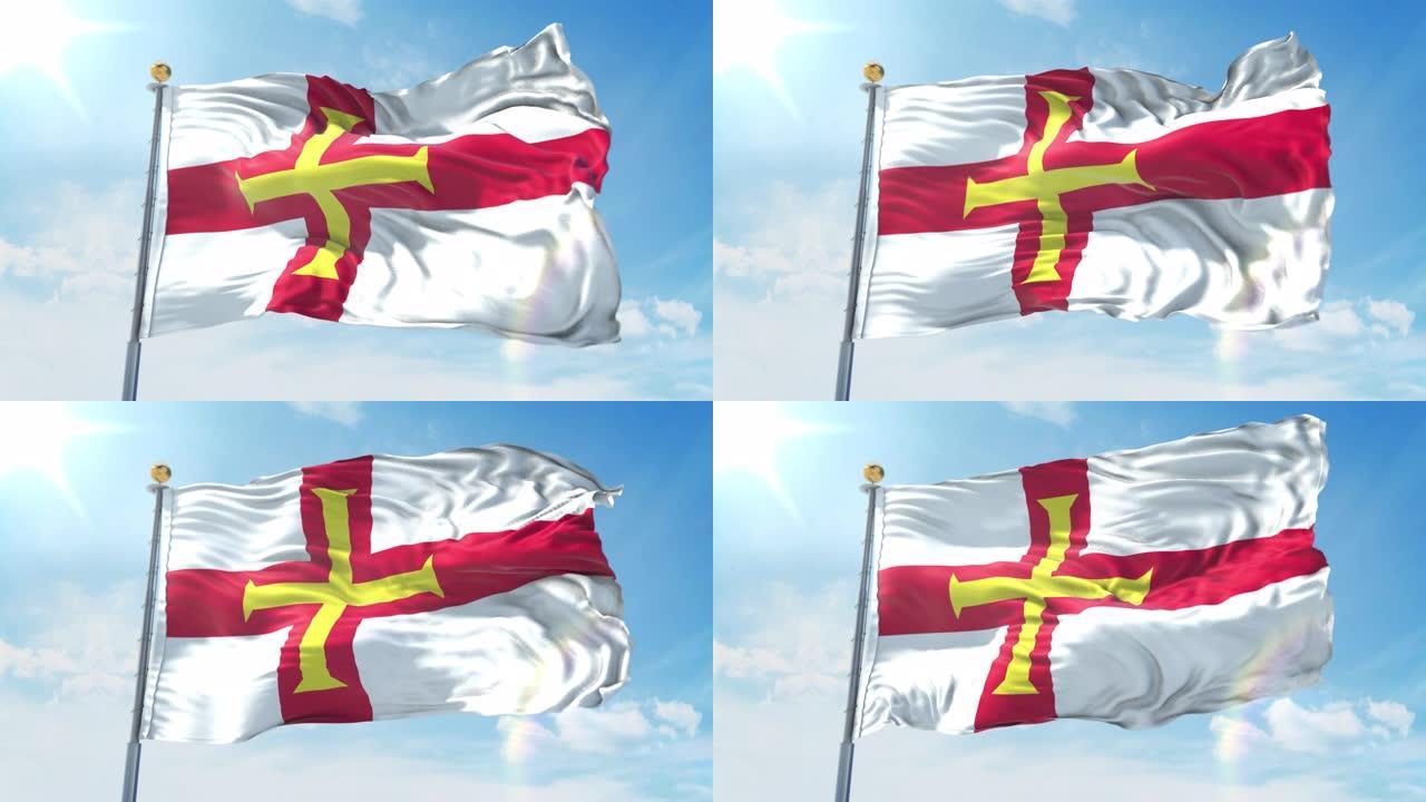 在深蓝色的天空中飘扬的根西岛旗。国家主题，国际理念。3D渲染无缝循环4K