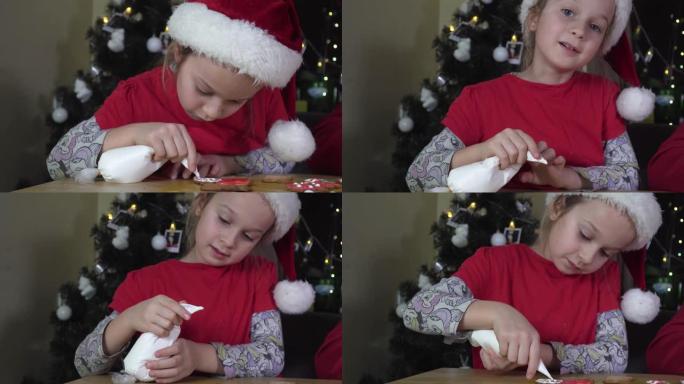 儿童画圣诞饼干。圣诞帽