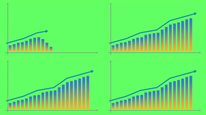 金融增长图与趋势线图经济增长条形图。矢量插图孤立在绿色背景上。