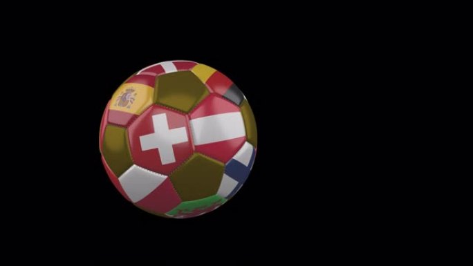 欧洲国家的旗帜在缓慢飞行的足球透明背景，阿尔法频道