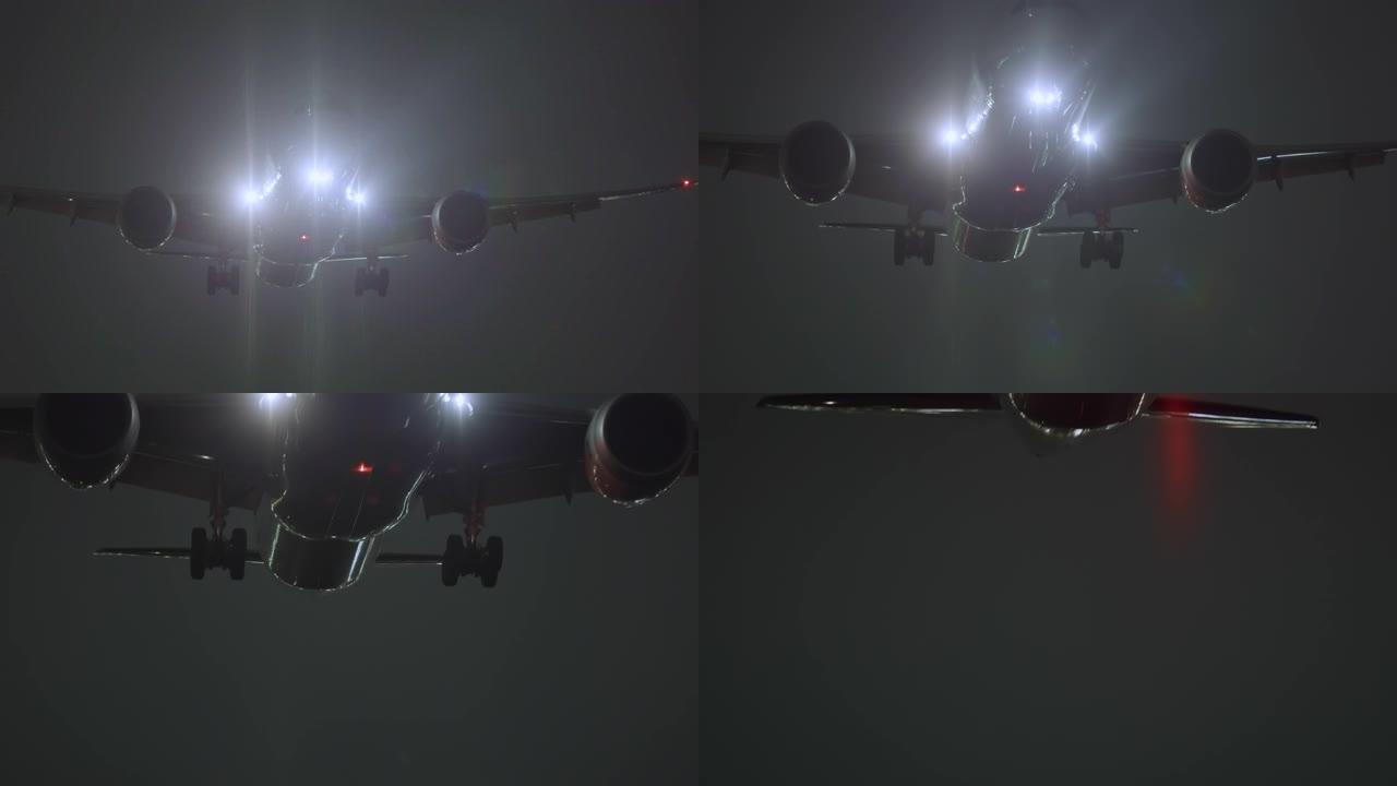 喷气飞机降落。晚上。交通、航班和旅行概念。慢动作。红色相机。