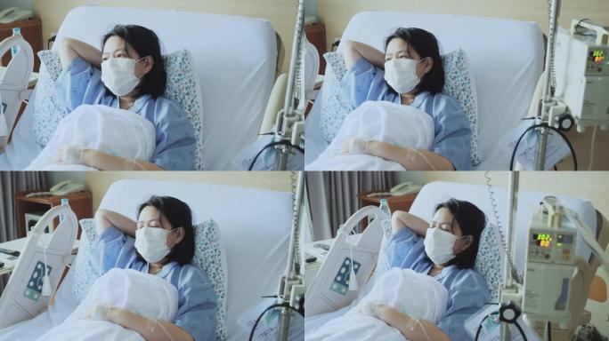 亚洲妇女一个咳嗽和生病的面具，她的搜索了解新型冠状病毒肺炎智能手机。