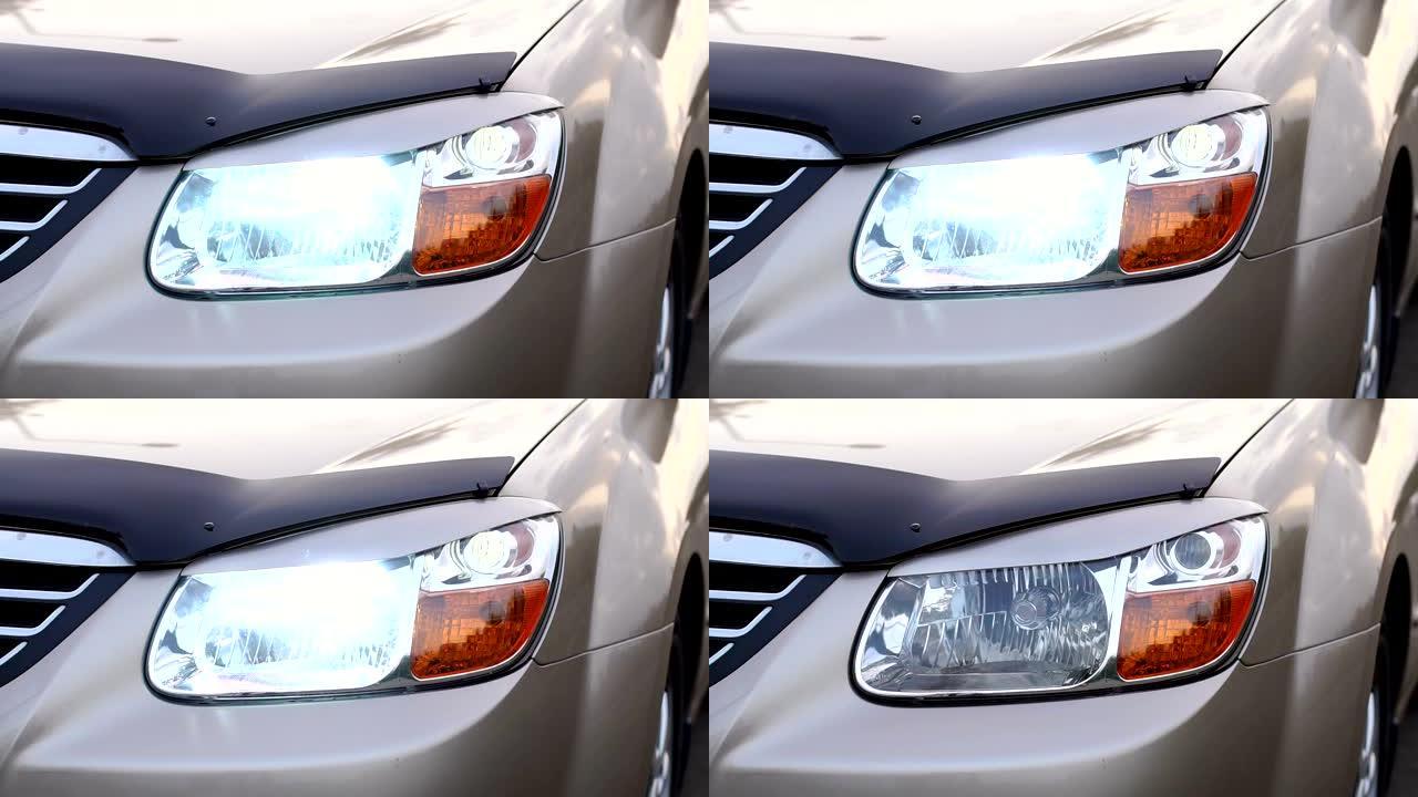 汽车前灯的白光特写。