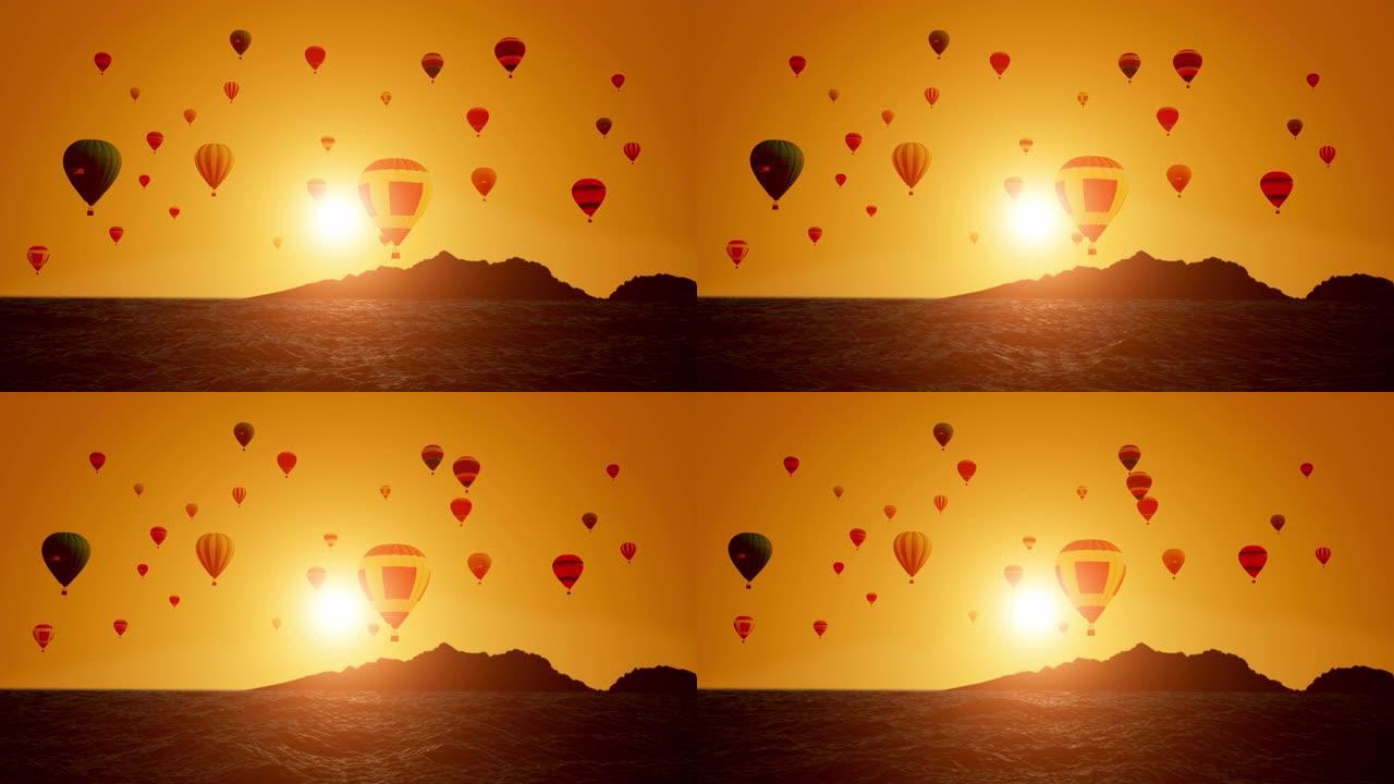 日落背景上的气球。气球节。超级慢动作