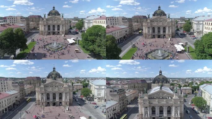 利沃夫歌剧和芭蕾舞剧院的鸟瞰图。利沃夫市中心。乌克兰，4K