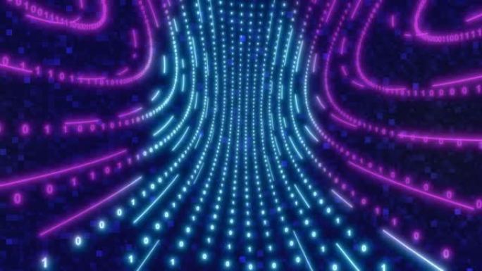 霓虹灯圈背景与数据隧道。荧光紫外线灯循环动画4k。虚拟现实未来设计3d渲染。技术设计
