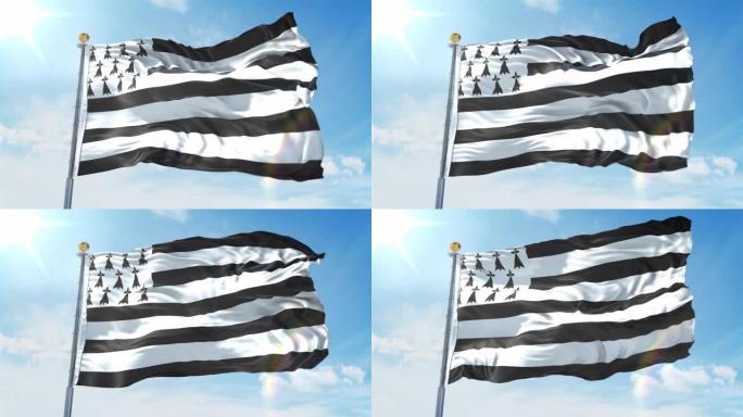 布列塔尼国旗在深蓝色的天空中迎风飘扬。国家主题，国际理念。3D渲染无缝循环4K