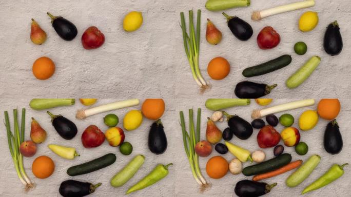 有机和新鲜蔬菜和水果出现在灰色背景上-停止运动