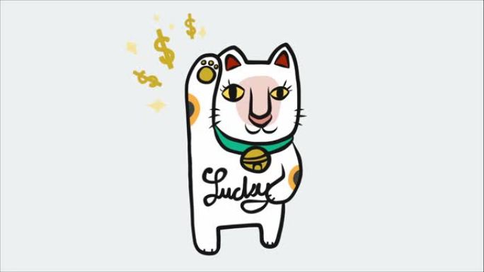 日本幸运猫 (Maneki Neko) 白色带来幸运可爱卡通