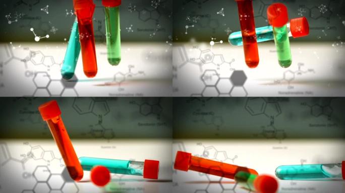 前景中带有分子和化合物结构式的试管