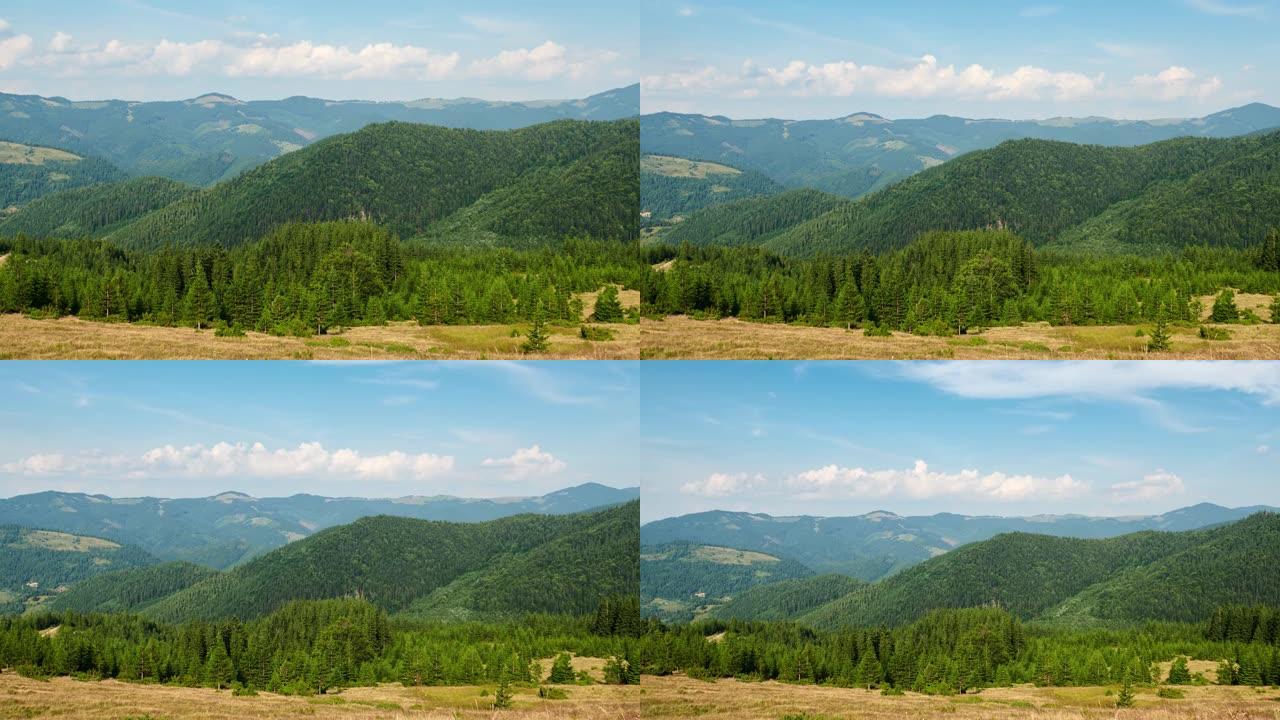 喀尔巴阡山脉灿烂夏日的时光倒流，喀尔巴阡山脉的全景，蓝天，树木和绿色山丘，美丽的景色