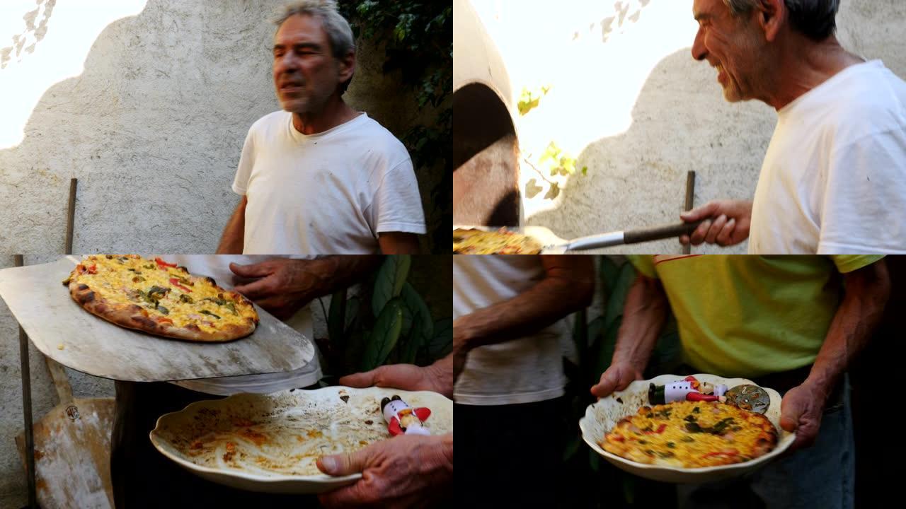 一个年长的男人对着镜头说话，从砖烤箱里取出披萨