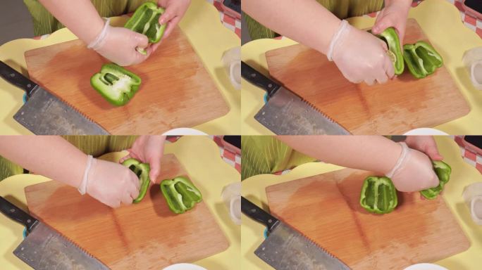 特写实拍美食做饭清洗柿子椒青椒切(3)