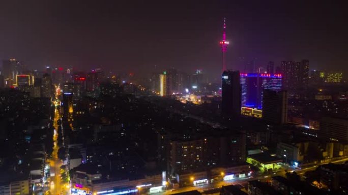 夜间照明成都市著名电视塔区交通街道十字路口空中延时全景4k中国