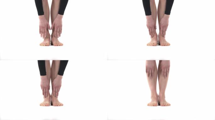 手触脚的特写演示视频。伸展运动表演。运动概念