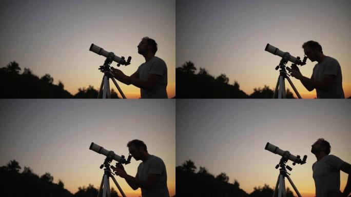 天文学家用望远镜看着星星和月亮。