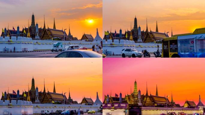 泰国曼谷的佛寺 (Wat Phra Kaew temple) 或翡翠佛寺的日夜日落时间。是一个重要而