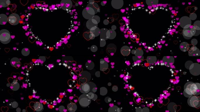 情人节动画红心帧覆盖在视频上。问候爱的心。情人节，bokeh，红心的节日边界装饰。文本的位置。无缝回