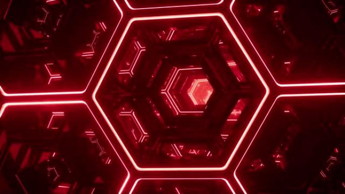 飞越无尽的未来科幻隧道。发光霓虹灯发光六边形。超级跳进另一个星系。抽象创意数字背景。现代彩色照明。无