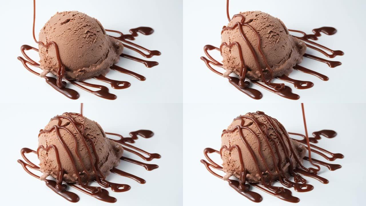 巧克力酱倒在冰淇淋上，慢动作