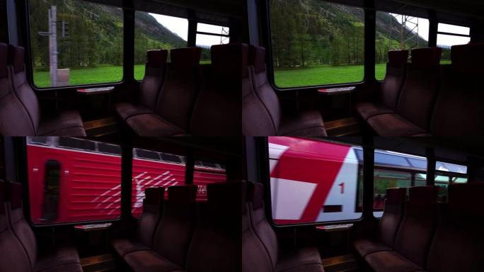 在开往马特洪泽马特车站的瑞士红色列车里。著名的风景列车从圣莫里茨穿越瑞士阿尔卑斯山。