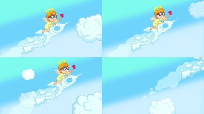 小天使骑着火箭穿过天空。