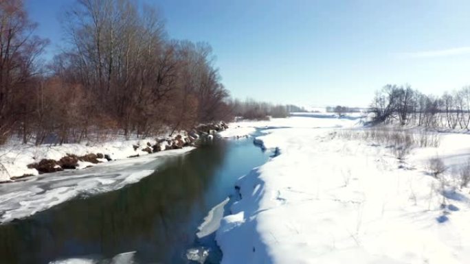 在下雪的冬季晴天，部分结冰的河流拍摄