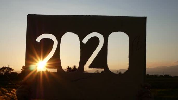 手握回收纸盒与2020文字，阳光透过文字在日落背景。