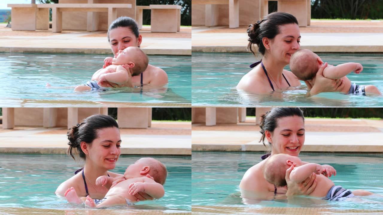 游泳池里的母亲和新生婴儿