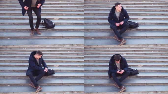 一个年轻人正冲下楼梯，使用他的智能手机。他正在四处张望。复制空间。行动。动画。4K。