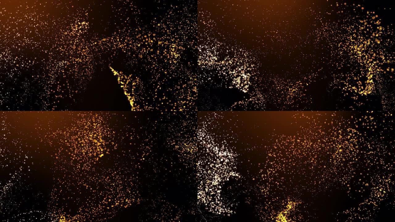 火花闪烁的金色星星尘埃模糊bokeh夜间舞台背景。3D图形星星闪光运动。