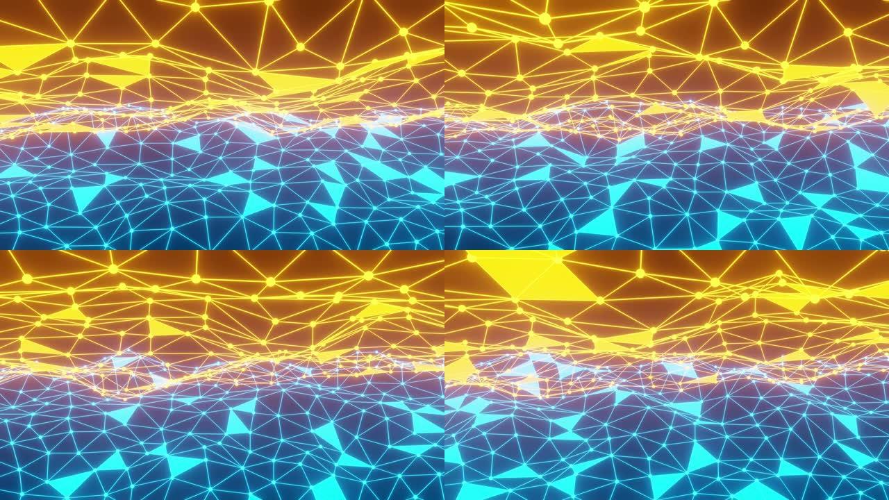 蓝色和黄色霓虹灯线波浪形式的三角形动画循环几何形状。Plexus Style 3D渲染抽象。