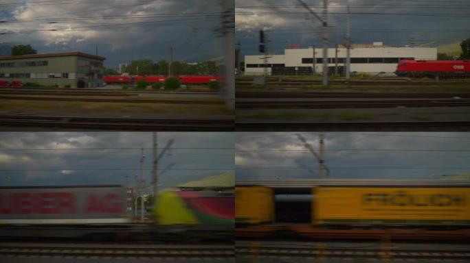 苏黎世至维也纳火车公路旅行夏季日落时间侧视点窗口全景4k奥地利
