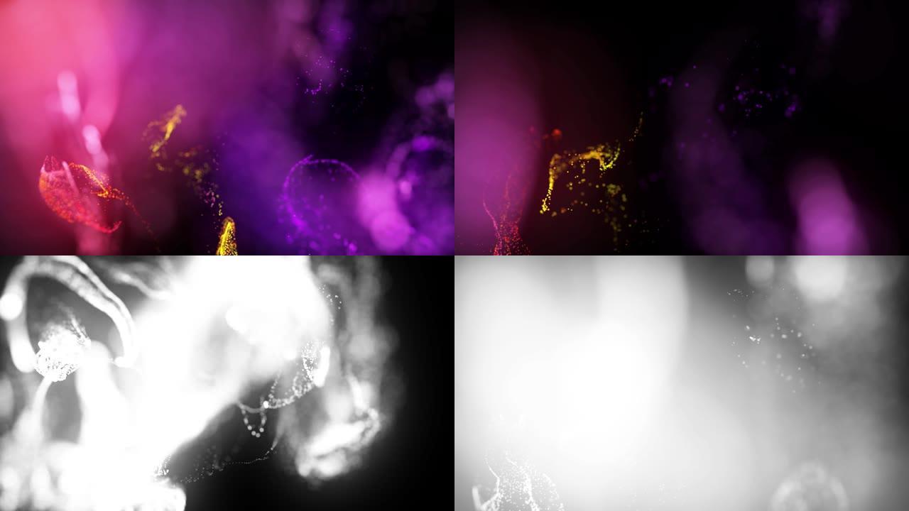 在4k的水中注入荧光红色紫色墨水。墨水流中辉光粒子的3d渲染。亮度哑光作为阿尔法通道。闪亮油墨效果平