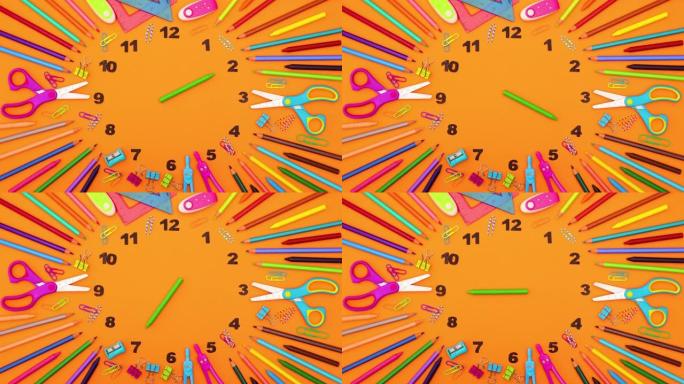 学校彩色铅笔的时间，如顺时针移动，周围环绕着学校用品 -- 停止运动循环