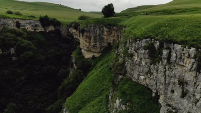 峡谷中悬崖的鸟瞰图，河流流经。山区的夏季景观
