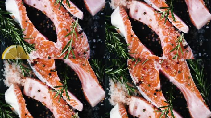 喜马拉雅盐生鲑鱼排，胡椒，迷迭香和柠檬的混合物，顶视图，多莉镜头。健康食品的概念。