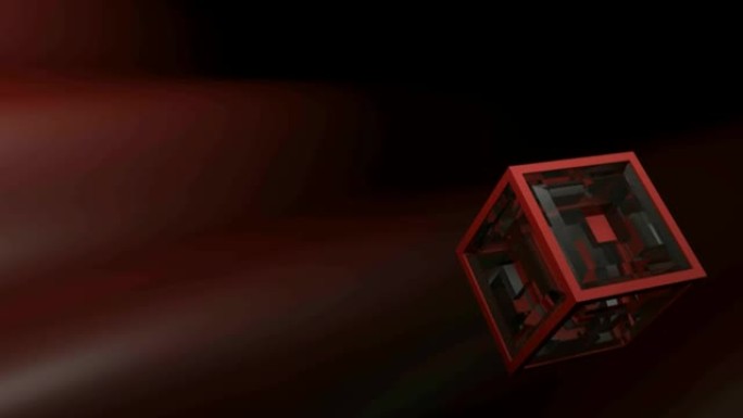 具有红色结构和玻璃透明面的立方体在红色挥舞的表面上旋转-3D渲染视频剪辑