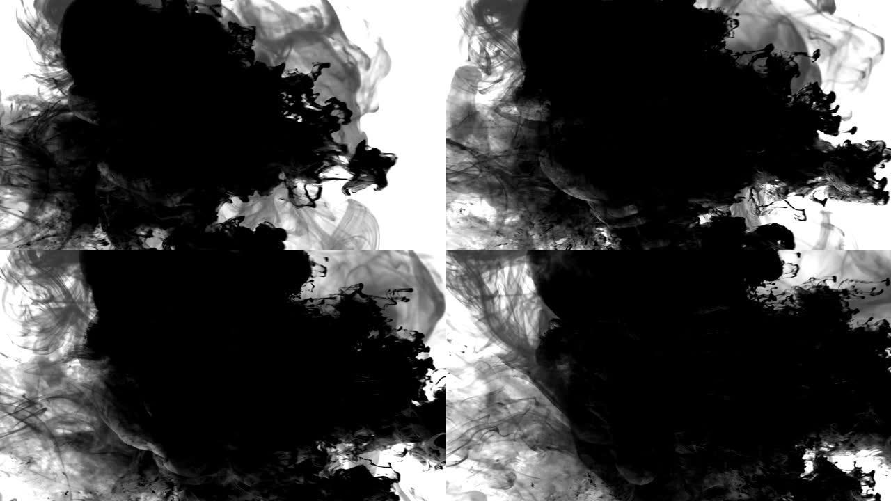 黑色油漆云混合在水下和白色背景上。油墨、油、液体扩散或分散