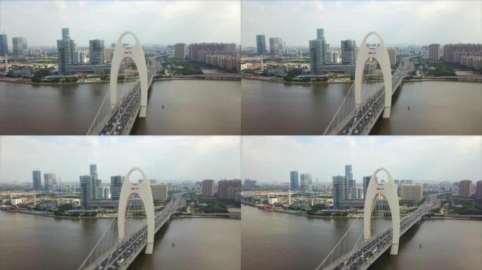 白天时间广州市交通猎德桥珠江空中全景倾斜换挡4k中国