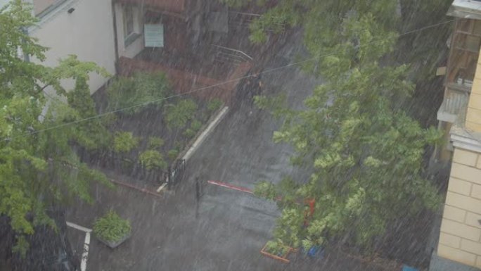 夏季白天在城市的街道上下雨