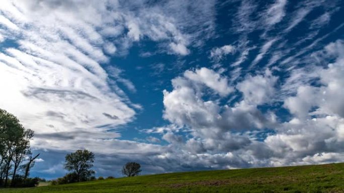 在草地上方的天空上快速移动的云 (时间流逝)，高高的树木