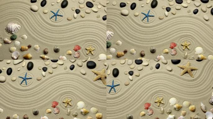 全景。夏天的背景-贝壳，星星和石头上的锯齿形线沙子。