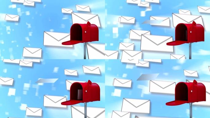 信箱打开，发出信件并关闭，而许多信件落在蓝色的背景上